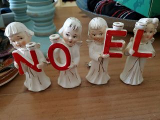 4 Piece Vintage Relco Ceramic Noel White Angel Candle Holders Japan Holiday
