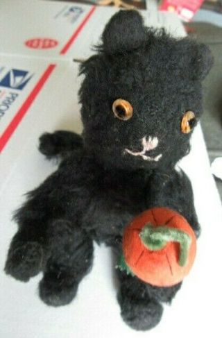 Steiff ? Jointed Stuffed Black Halloween Cat W Jack - O - Lantern Pumpkin Glass Eyes
