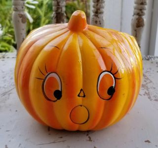 Vintage Halloween Ceramic Planter Pumpkin Jack O Lantern Face With Orange Mouth