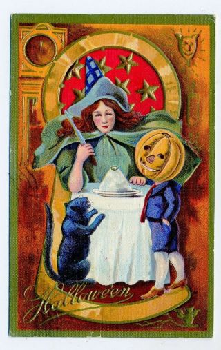 Vintage 1910 Halloween Postcard Witch Pumpkin Black Cat Clock Knife & More