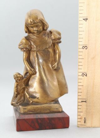 Antique Signed Miniature Bronze Sculpture,  Young Girl With Doll Red Marble Base