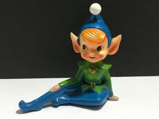 Vintage Ceramic Pixie Elf Shelf Sitter Figure 6” Tall Blue & Green Great Shape