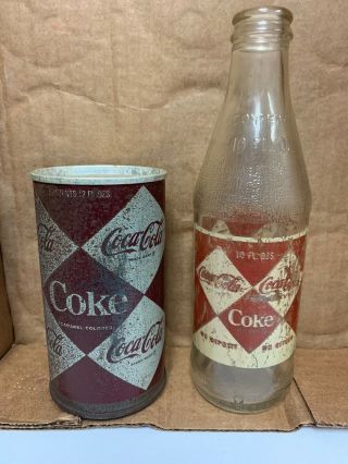 Vintage Coca - Cola Diamond Design 10oz Ndnr Soda Bottle & 12oz Soda Can Combo