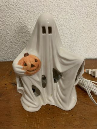 Vintage Halloween Ceramic Light Up Ghost Holding Pumpkin