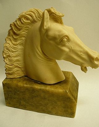 Vintage Italian Alabaster Sculpture Horse Bust On Marble Pedestal Base - Bookend