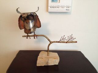 Vintage C Jere Mid Century Modern Owl On A Branch Metal Sculpture Artist Signed