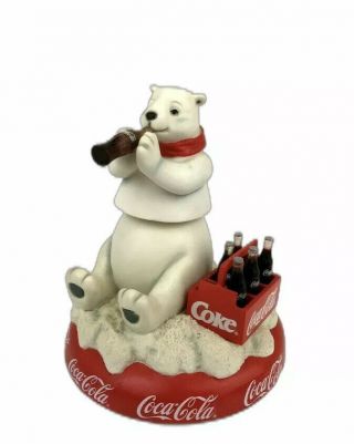 Coca - Cola Polar Bear Drinking A Coke Movable Ceramic Figurine Ice Base 6 1/4 "