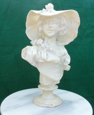 Antique European Carved Alabaster Sculpture Bust Of Young Woman 12 Inches Tall