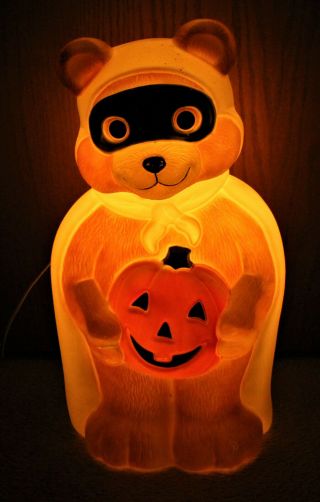 Vintage Halloween Masked Bandit Lighted Teddy Bear Pumpkin Blow Mold 23 " Tall