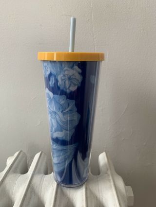 Starbucks Tumbler Cold Cup Blue Floral Cactus Flower Yellow Lid 24OZ Summer 3