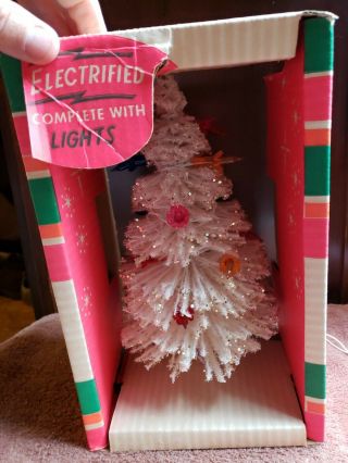 Vtg - White Bottle Brush Glitter St Nick Light Up Christmas Tree Decoration W/ Box