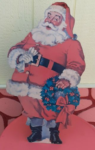 Vintage Christmas Cardboard Die Cut Decoration Santa Claus Stand Up W/wreath 24 "