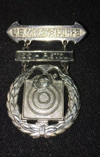Wwii U.  S.  Marine Corps Ss Pistol Badge Pistol Pin - Back Sterling Silver Ww2