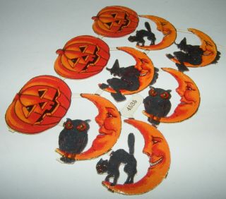 9 Vtg German Die Cut Halloween Scraps Decoration Witch Black Cat Owl Jol Pumpkin