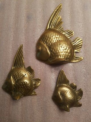Mid Century,  Solid Brass Set Of 3 Angel Fish 3d Wall Hangings,  Bathroom Decor