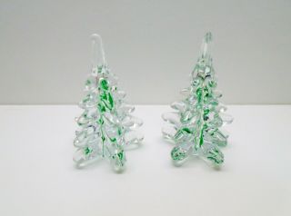 2 Lead Crystal Art Glass Green Swirl Christmas Tree Paperweights Figurines 5.  5 "