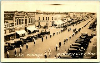 1926 Garden City,  Kansas Rppc Photo Postcard " Elk Parade " Main Street Scene