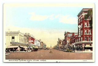 Vintage Postcard Main Street Looking North Ottawa Kansas 1930 E2