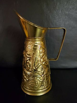 Vintage Brass Embossed Pub Scene.  Pitcher Made In England.  10 3/4 " Tall.