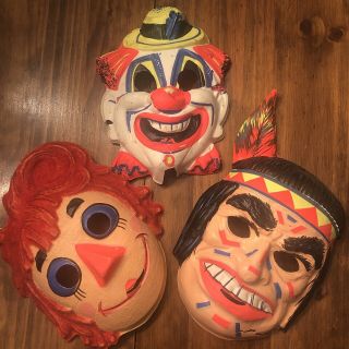 3 Vintage Halloween Costume Mask - Raggedy Ann,  Clown,  & Indian Plastic Masks