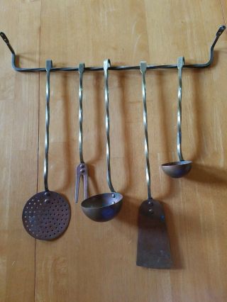 Vintage Set Of 5 Copper & Brass Kitchen Utensils With Rack Long Twisted Handles