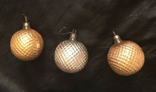 3 Antique Vintage Christmas Ornament Glass Round Textured Ball Silver Gold
