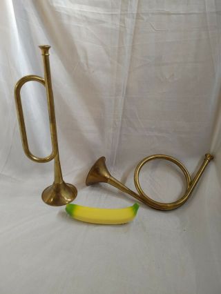 2 Large 12 " Vtg Brass Bugle French Horn Trumpet Wall Hang Hunt Christmas Decor