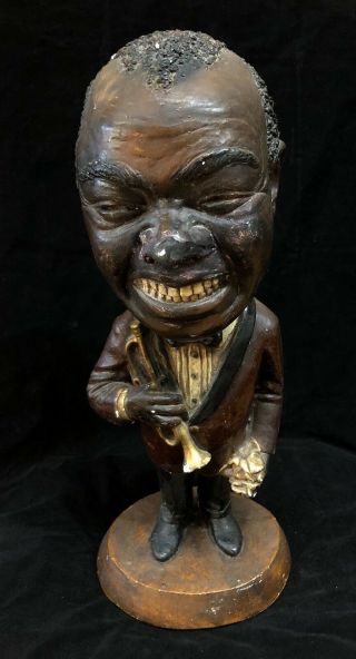 Lovely Esco Caricature Chalkware Statue Of Louis Armstrong & Trumpet Smiling