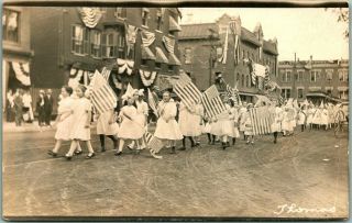 1917 Ballston Spa York Rppc Photo Postcard Red Cross Parade Girls / Us Flags