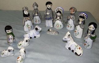 14 Pc Set Vtg Tonala Mexican Pottery Christmas Nativity Scene Creche Blue W Bird