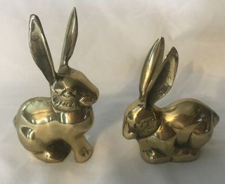 2 - Vintage Brass Long Earred Bunny Rabbits Figurine - Paperweight - Cute Pair