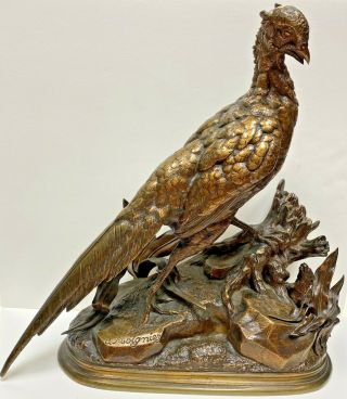Ca 1870 Signed J Moigniez French Bronze Sculpture Of Male Pheasant & Weasel