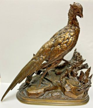 CA 1870 SIGNED J MOIGNIEZ FRENCH BRONZE SCULPTURE OF MALE PHEASANT & WEASEL 2
