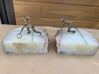 C.  Jere Signed Bronze & Onyx Tennis Player Bookends Mid - Century Modern Whimsical