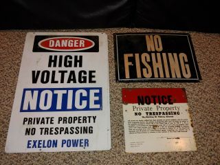 3 Vintage High Voltage Exelon Power,  No Fishing,  No Trespassing Metal Signs