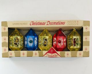 Boxed Set Of 5 Vintage Starbrite Plastic Lantern Christmas Ornaments Mid Century