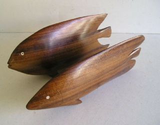 2 Mid Century Modern Hand Carved Abstract Walnut Fish Sculptures