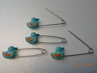 4 Vintage Safety Diaper Pins 2 - 3/16 " Long,  Blue & Orange Ducks On The Closure