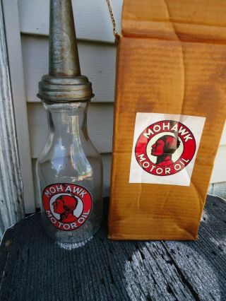 Old Vintage 1950s Mohawk Motor Oil Bottle Glass Quart Jar W/ Box Spout