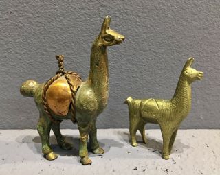 2 Vintage Brass And Copper Llama Alpaca Animal Figures From Peru 3 " & 2 1/8 "
