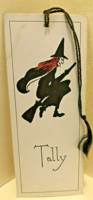 Vintage Halloween Bridge Tally Card W Tassel - - Witch Flying On Broom -