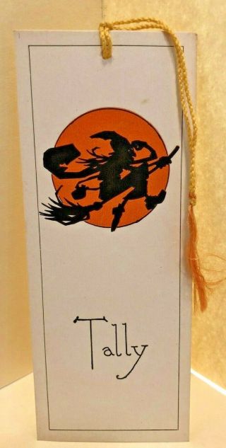 Vintage Halloween Bridge Tally Card W Tassel - - Witch Flying On Broom / Moon