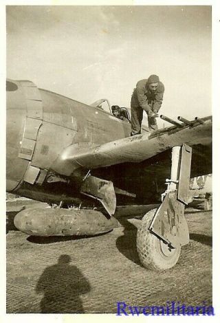 Org.  Photo: Us Pilot On Cockpit Of P - 47 Fighter Plane During Final Checks; 1945