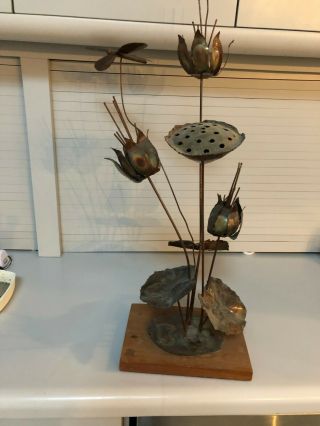 Mcm Brutalist Metal Sculpture Lily Pad Dragonfly Vintage Pond Abstract 22 "