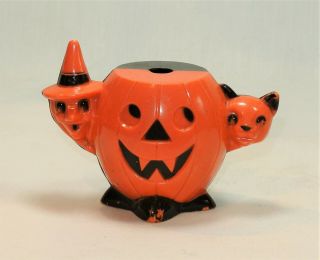 Vintage Halloween Hard Plastic Candy Container Jack - O - Lantern Witch Cat Rosbro B