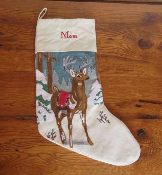 Pottery Barn Crewel Deer Stag Blue Background Christmas Stocking Mom Monogram