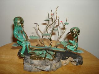 1972 Sign Malcolm Moran Sculpted Bronze Swing Boy And Girl Flowers