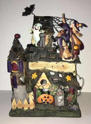 Halloween Haunted House Tin Metal Candle Holder Ghost Witch Bat Jack O Lantern