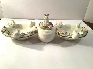 4 Pc Hand Painted Porcelain Bunny Candy Dish Applied Roses Bunnies Easter Decor