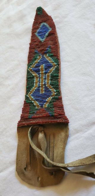 Antique Native American Hand Beaded Leather Knife Sheath Red Green Blue Yellow